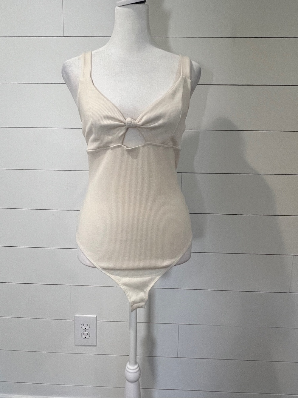 Lulus Soft Ribbed Tie-Front Bodysuit in Cream